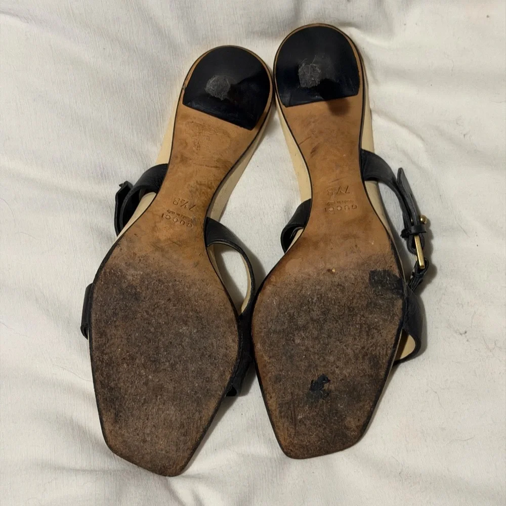 Gucci Black Leather Square-Toe Slide Heels with Ankle Strap